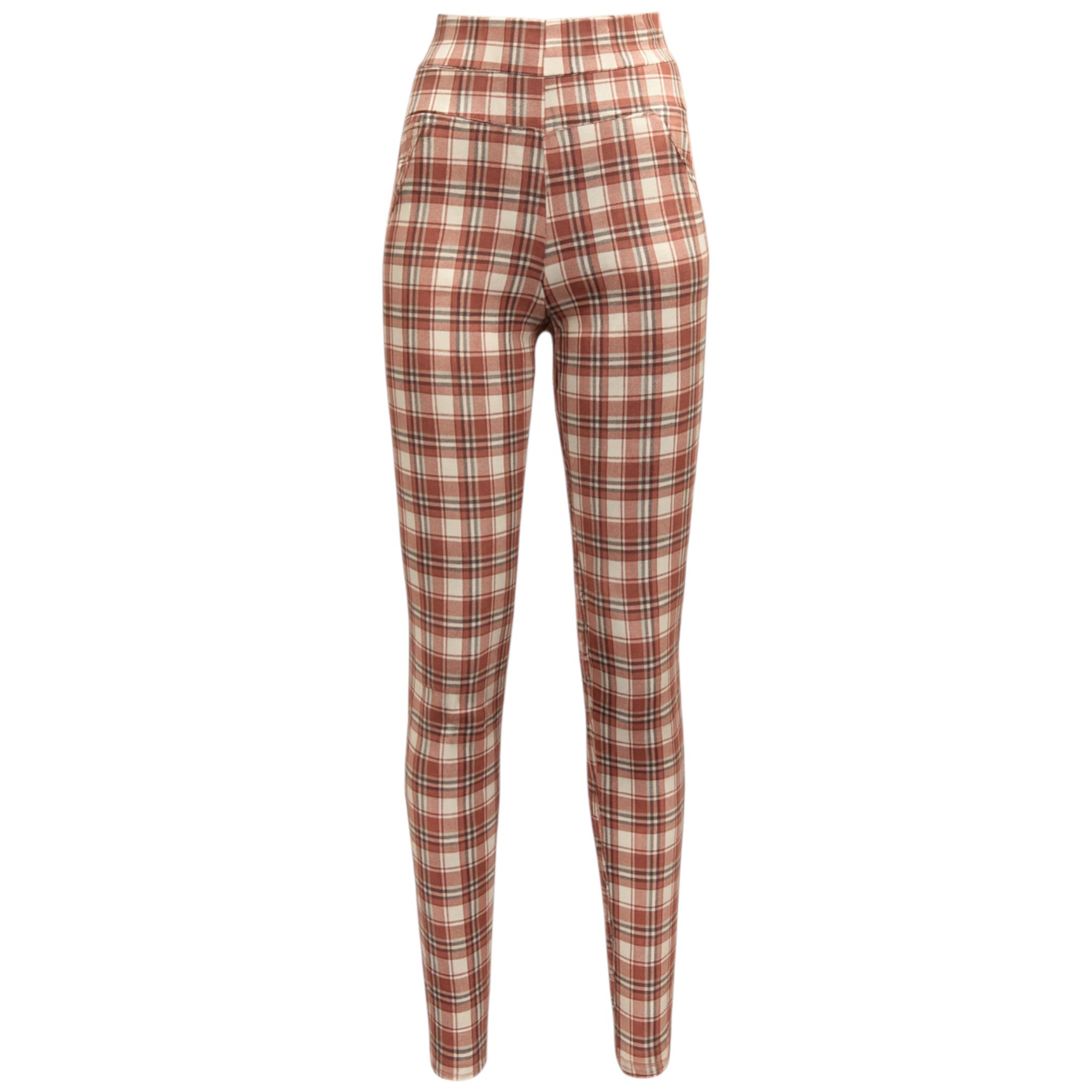 Pink Salmon and white check slim stretch treggings for women – high-waisted pull-on trousers